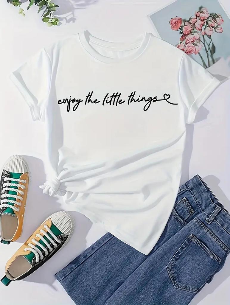 Classic White Cotton T-Shirt with Minimalist Printed Design for Women