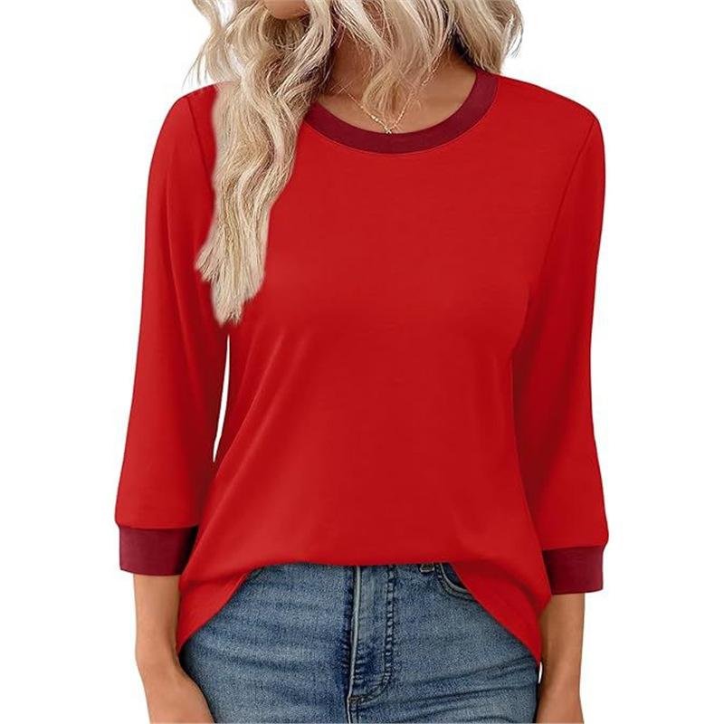 Весна Осень Футболка с круглым вырезом и пэчворком Женская с длинным рукавом Повседневная Модная Всепогодная Базовая Толстовка Футболка Топ