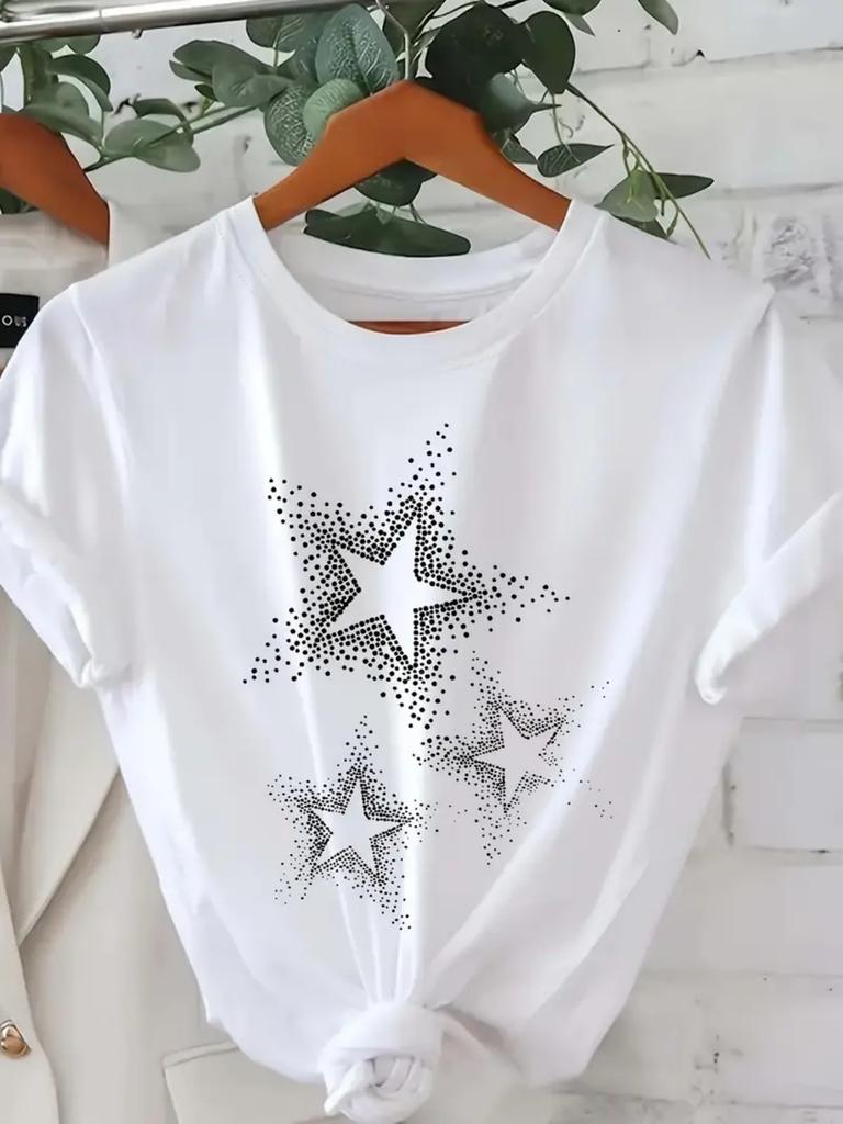 Women's Casual Short Sleeve T-Shirt - Black with White Star Print Round Neck Top for Spring & Summer Machine Washable
