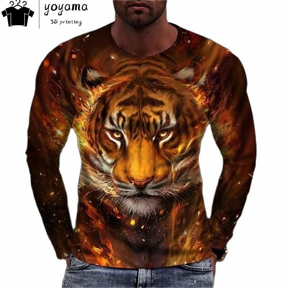 Футболки с принтом тигра Мужская одежда Модная мужская футболка с круглым вырезом и длинным рукавом Повседневная свободная мужская одежда с принтом тигра Топы