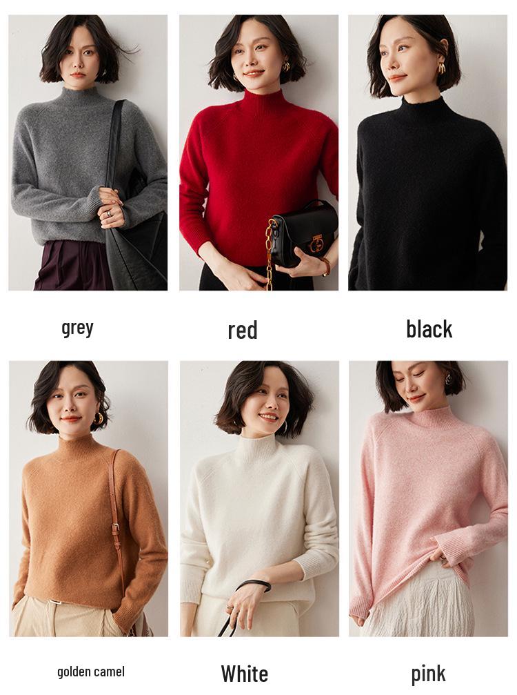 Women's Cashmere Raglan Sleeve Sweater: Half-High Neck, Double Ply, Thick & Warm Base Layer for Autumn/Winter.