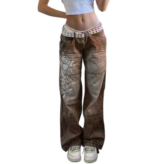 Женские джинсы средней талии с нестандартной индивидуальной печатью в стиле ретро, прямые, широкие, в стиле пэчворк