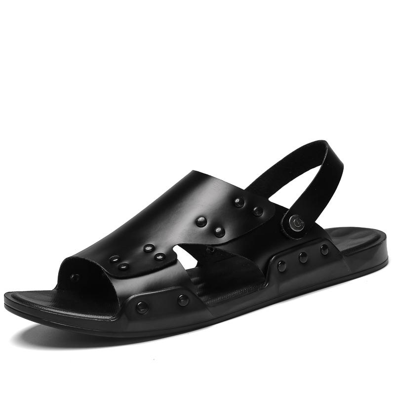 Летние мужские сандалии из натуральной кожи, модные высококачественные туфли на плоской подошве, дышащая повседневная обувь, черные пляжные тапочки
