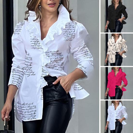 Женская элегантная блузка с v-образным вырезом и длинным рукавом, рубашка с рюшами, однотонный пуловер с буквенным принтом и разрезом по бокам, весенне-осенний пуловер, топы