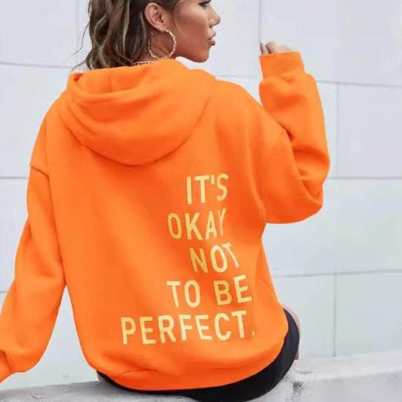 Ladies Spring Autumn Casual Sports Hooded Long Sleeve Big Pocket Letter Printed Pullover Hoodies Sweatshirt Top
