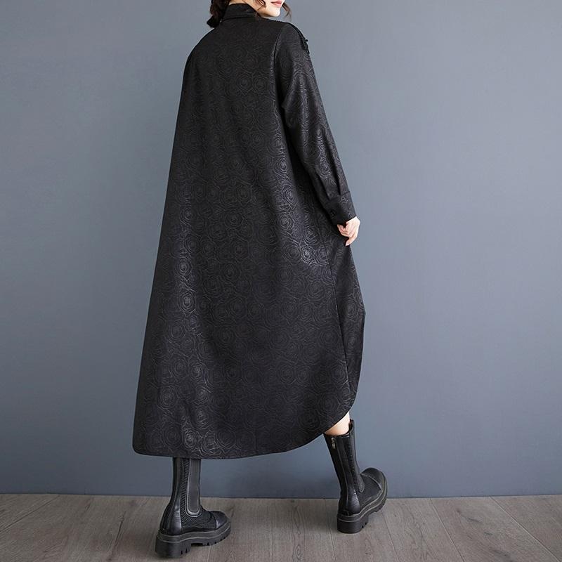 Длинный рукав Большие размеры жаккард черный винтажный цветочный новый в платьях для женщин повседневный свободный весна осень рубашка платье