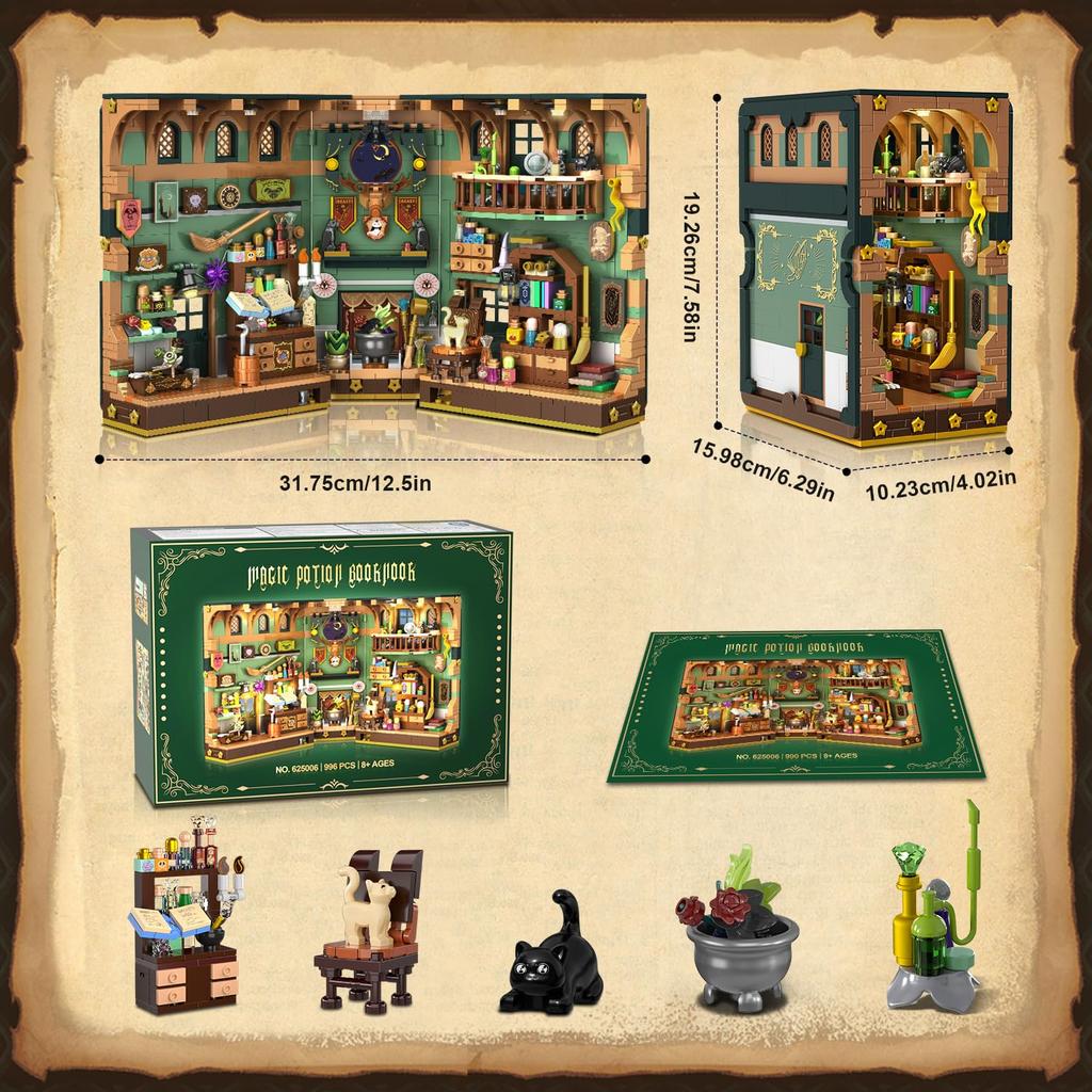 Magic Potion Booknook Building Set with Light-DIY Bookendfor Home Decor Bookshelf Miniature House Brick Model for Adults Kids