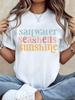 Women's Light Pink & Orange Coastal T-Shirt - Shell & Beach Print Crew Neck Short Sleeve Blouse-Comp