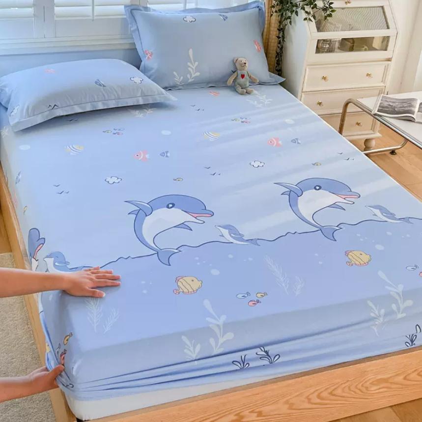 Cartoon Space Animal Printed Fitted Sheet with Elastic Band + 2pcs Pillowcases 100% Cotton Mattress Protector For Kids 16 Sizes