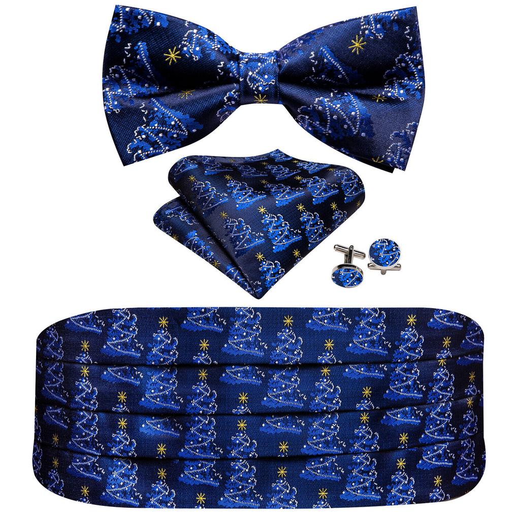 Barry.Wang Mens Cummerbund Belt and Bowtie Set Silk Pre Bow Tie Hanky Cufflink Set