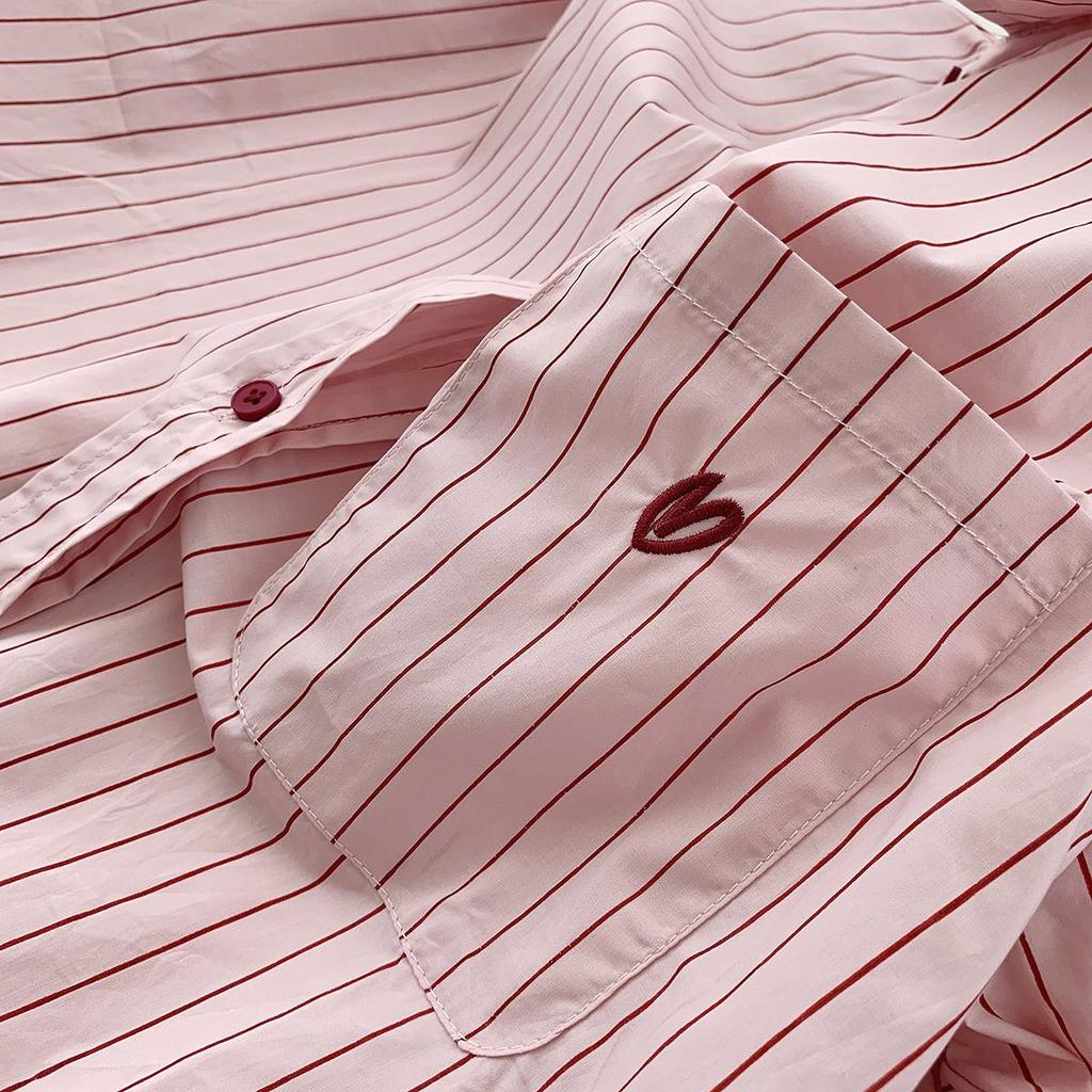 Women's Pink Pinstripe Embroidered Polo Collar Long Sleeve Shirt - Korean Spring Design