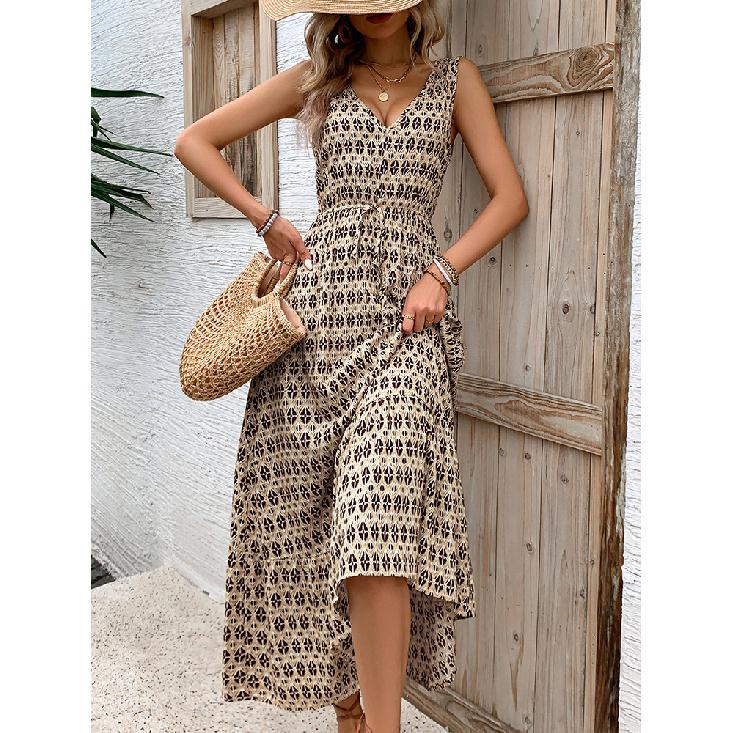 New Fashion Printed Daily Versatile Women'S Summer Loose And Casual Solid Color Cotton And Hemp Long Dress