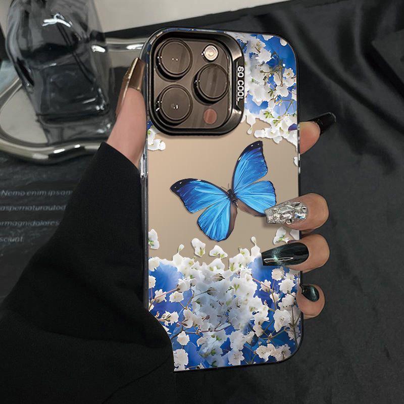 Модный синий чехол-бабочка для iPhone 13, 14, 15 Pro, 16 Pro Max и 17