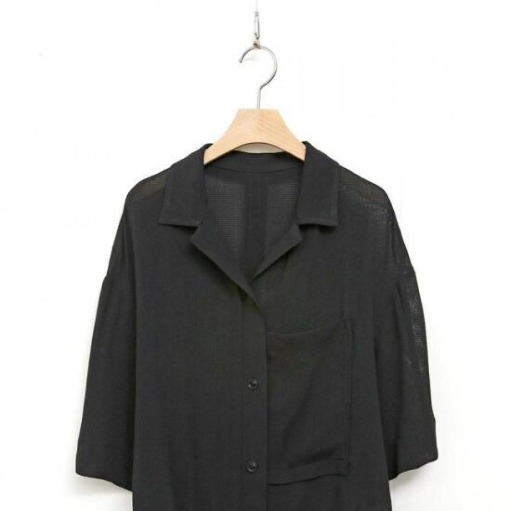New Arrivals Open Run Women Short Sleeve Black Shirt Unbalanced String Onepocket