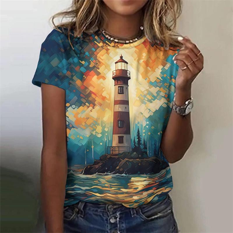 Футболка с изображением маяка в 3D-принте с изображением ночной сцены для женщин, летние повседневные футболки в стиле Харадзюку с короткими рукавами и круглым вырезом