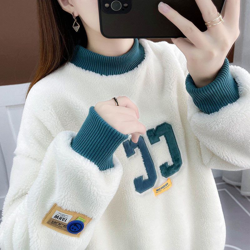 Свободный плюшевый и утолщенный женский свитшот из бархата с длинными рукавами из ягненка