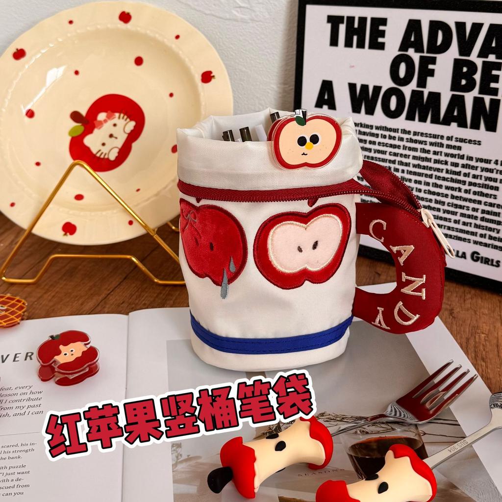 Apple Cute Pencil Bag Ins Contrasting Color Teacup High Value Student Stationery Large Capacity Storage Pen Holder Storage Bag