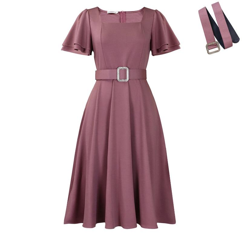 BFCCQB Women's Fashion Summer Spring Solid Color Print Square Collar Short Sleeve Casual Dresses
