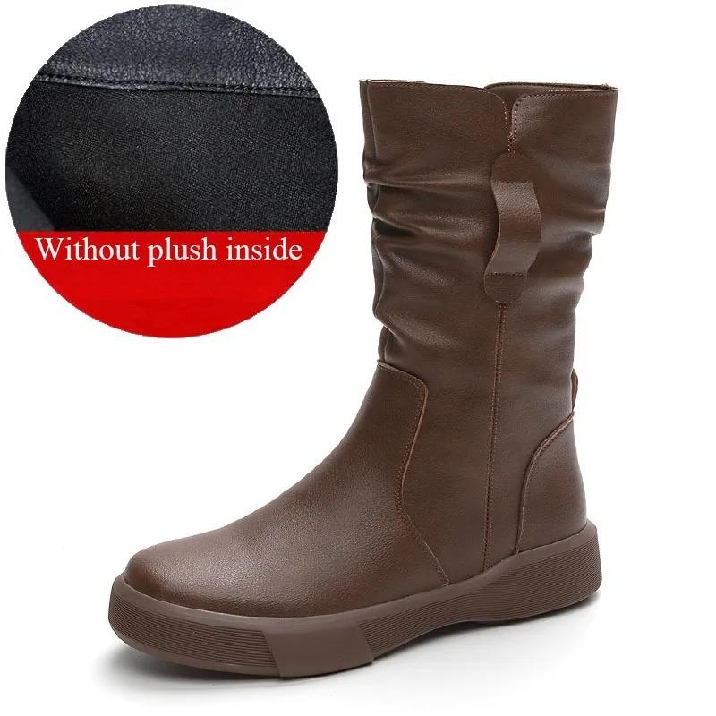 Модные женские ботинки Осень Зима Плюшевые Теплые Ботинки до середины икры Круглый носок Молния Плиссированные Толстая подошва Кожаные Хлопковые Ботинки