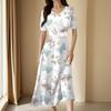Ladies Casual Fashion Gradient Print V-Neck Short Sleeve Waist Long Swing Dress