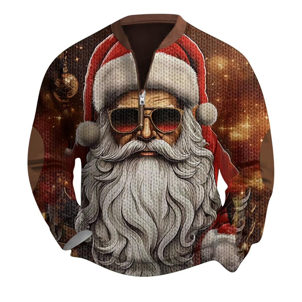 Mens Christmas Sweater Zip Up Sweatshirts Vintage Knit Graphic Sweatshirt Xmas Stand Collar Pullover