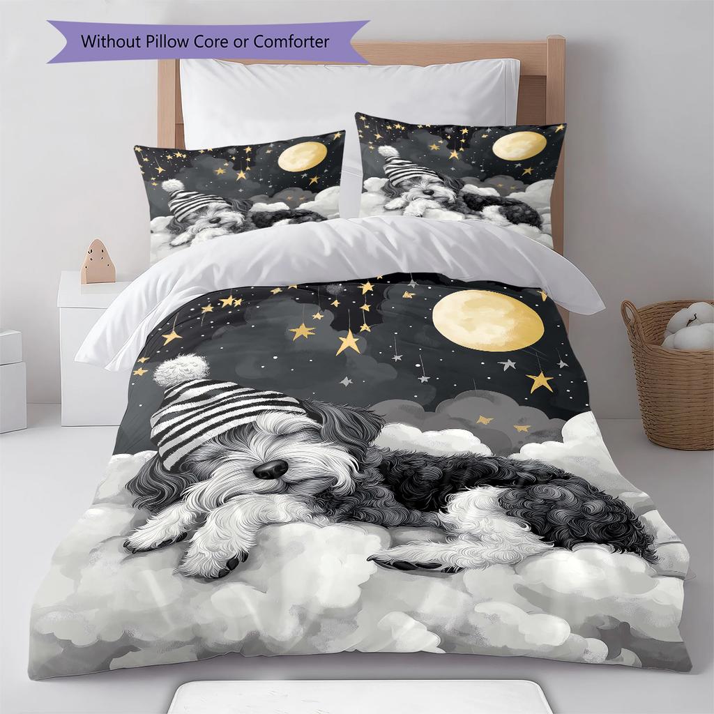 Good Night Dogs Pattern Bedding Quilt Set Quilt Cover Pillowcase Home Decoration Birthday Gift (1 * duvet cover + 2 * pillowcase, without core)