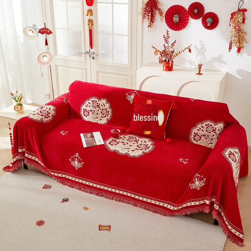 "Festive New Year Red Non-Slip Sofa Cushion Cover - Four Seasons Universal"