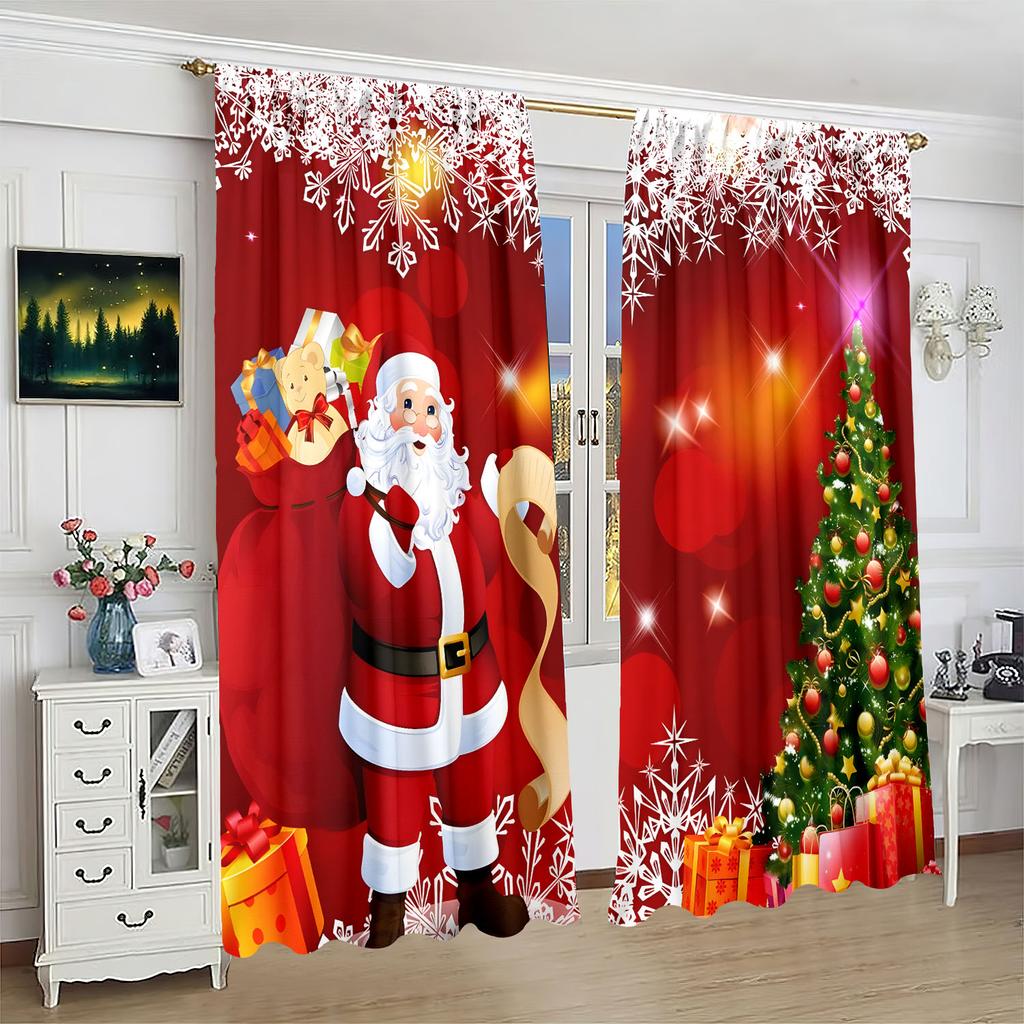 2 Pieces of Santa Claus Christmas Tree Printing Curtain - Polyester Material - Suitable for Bedroom Living Room Study Room Priva