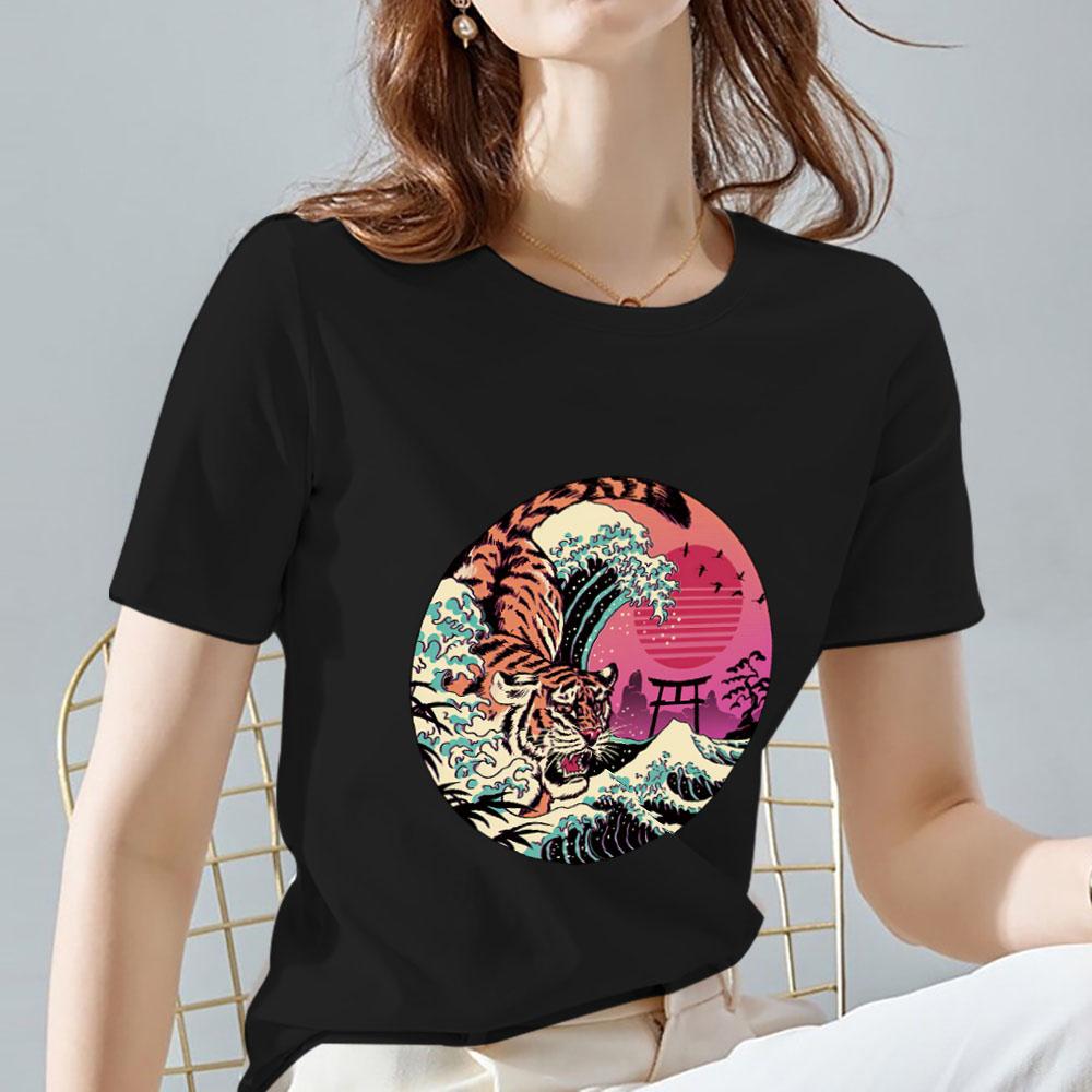 Женская одежда, футболка, топы, модная повседневная футболка с рисунком японского оранжевого кота и принтом, тонкая черная футболка с круглым вырезом
