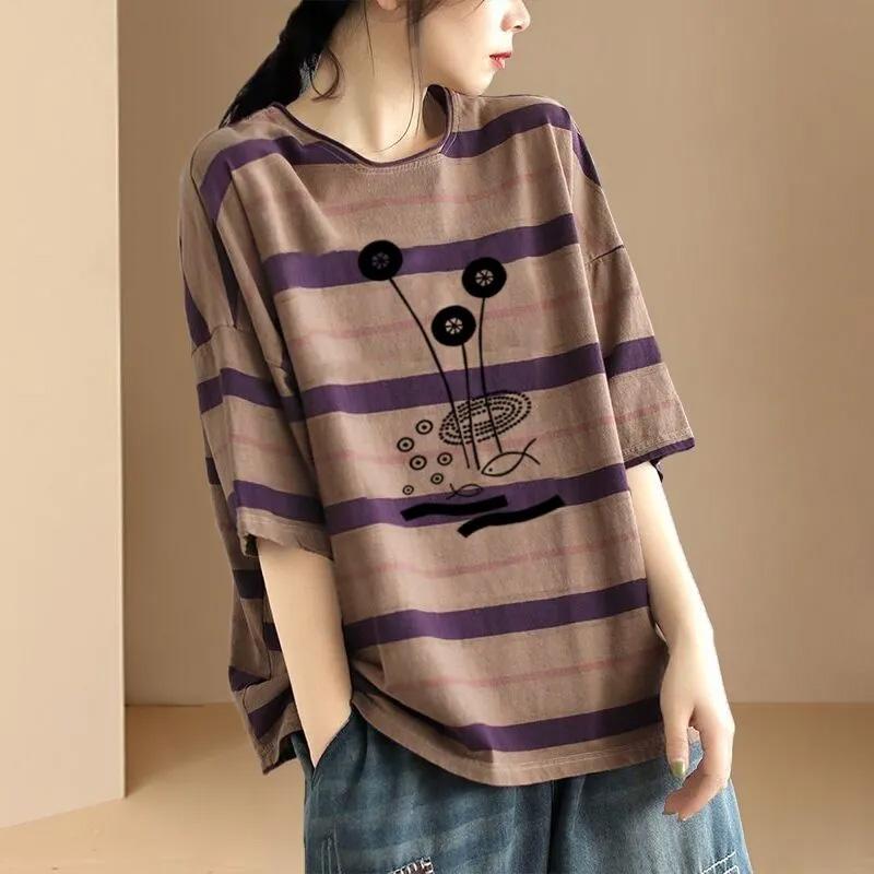 T-shirt for Women Summer Large Size Cotton T-shirt Soft Loose Striped Casual Pullover T-shirt Top