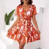Women Summer Short Sleeve V Neck Printed Bandage Holiday One Piece Dress