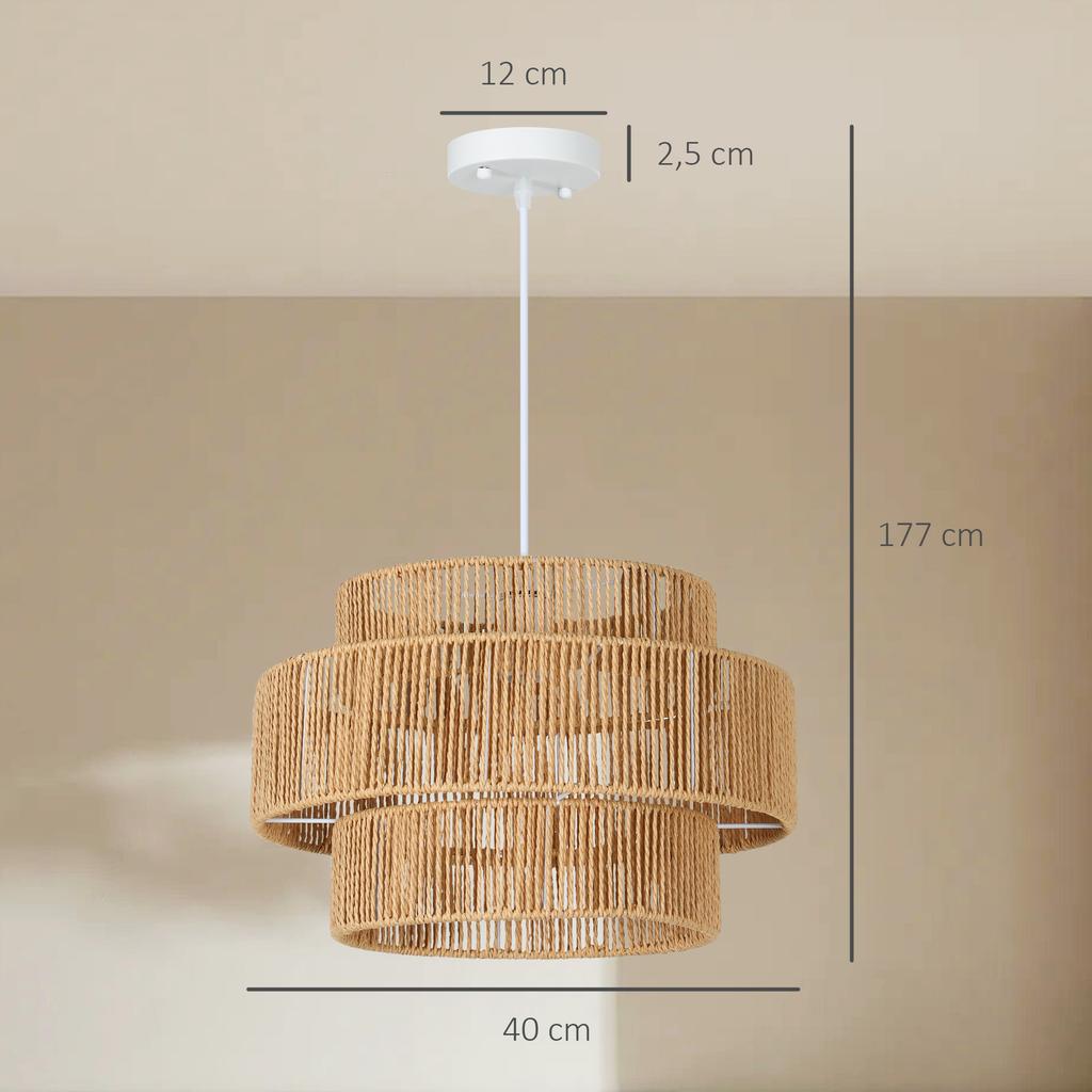 Pendant Lamp, 3-Tier Lampshade, Metal, Hemp Rope, Light Brown