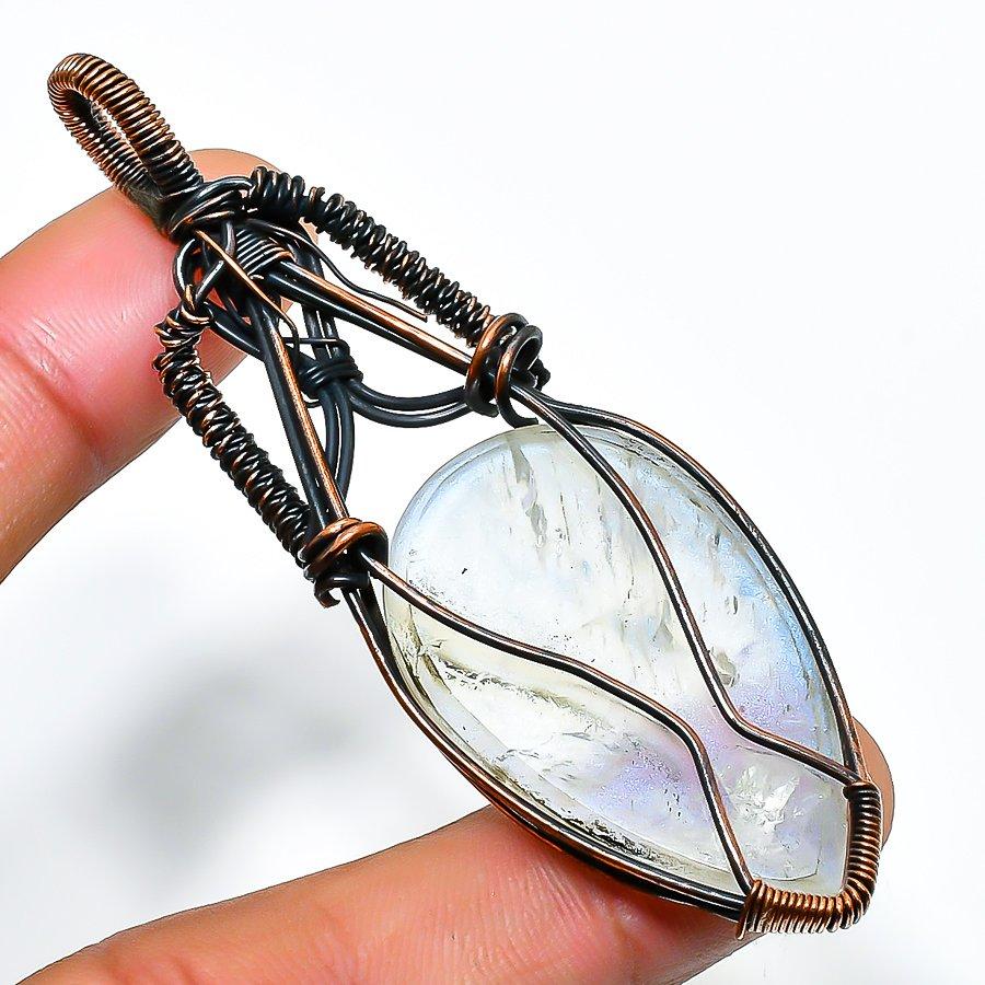 Ювелирный кулон из медной проволоки с радужным лунным камнем, ручная работа, 2,96 дюйма