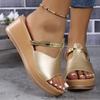 Fashion Gold Wedges Slippers Women Pu Leather Platform Sandals Woman Plus Size 43 Open Toe Med Heel Summer Slides Beach Shoes