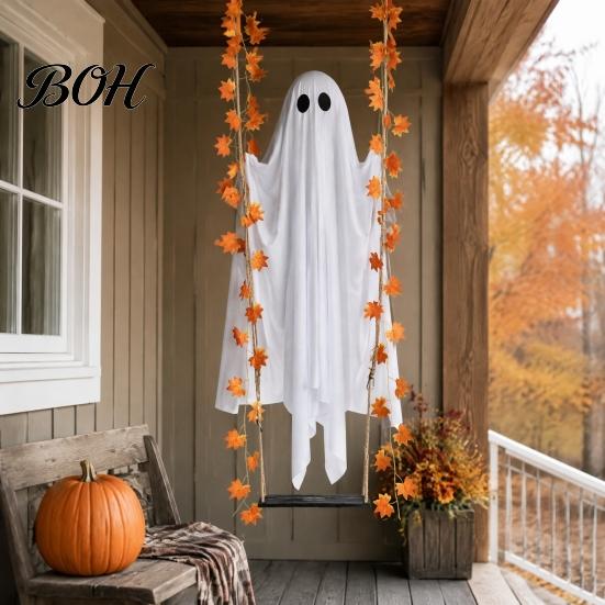 Waterproof Patio Tree Hanging Props Swinging Ghost Halloween Decoration for Outdoor Garden Yard, Weighted Fabric Flying on A Swing with LED