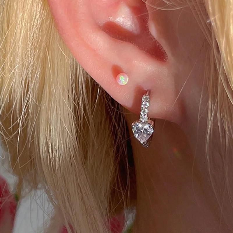 Y2K Heart-Shaped Color Imitation Opal Hoop Earrings For Women Exquisite Huggies Daily Party Accessories Trendy Jewelry