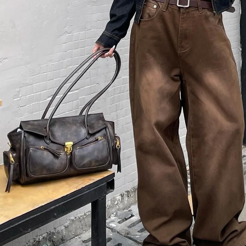 Yogodlns Винтажная сумка подмышку для девочки Универсальная сумка Многокарманная мотоциклетная сумка Роскошная дизайнерская сумка Кожаная сумка на ремешке-спагетти