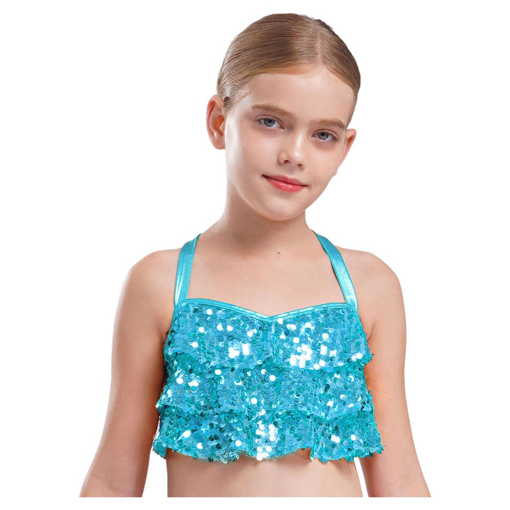 Girls Glittery Sequins Crop Top Tiered Ruffles Cross Back Metallic Camisole for Jazz Dance Performance