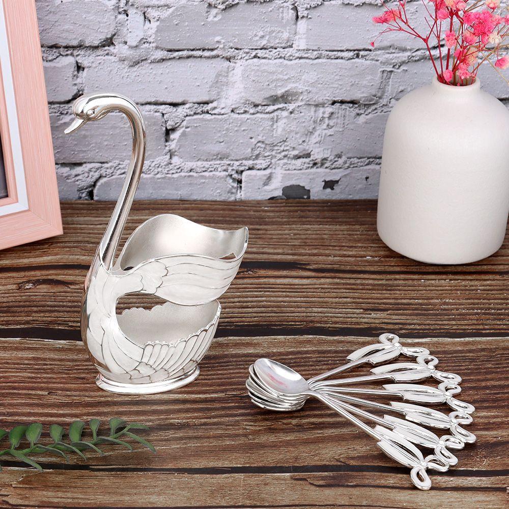 Creative and Cute Tableware Fruit Spoon High-end Metal Coffee Spoon Set Metal Swan Base Holder