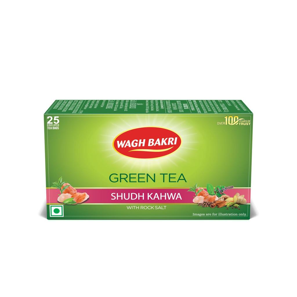 Wagh Bakri Shudh Kahwa Green Tea Bags 25 Count Refreshing Aromatic Blend For Relaxation Smooth Brewing Experience Total 62.5 Grams