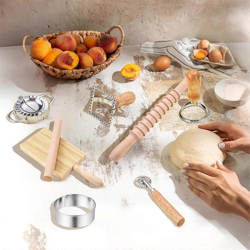9Pcs Pasta Making Tools Set, Wooden Rolling Pin, Gnocchi Board, Ravioli Stamp Maker Cutter, Pastry C