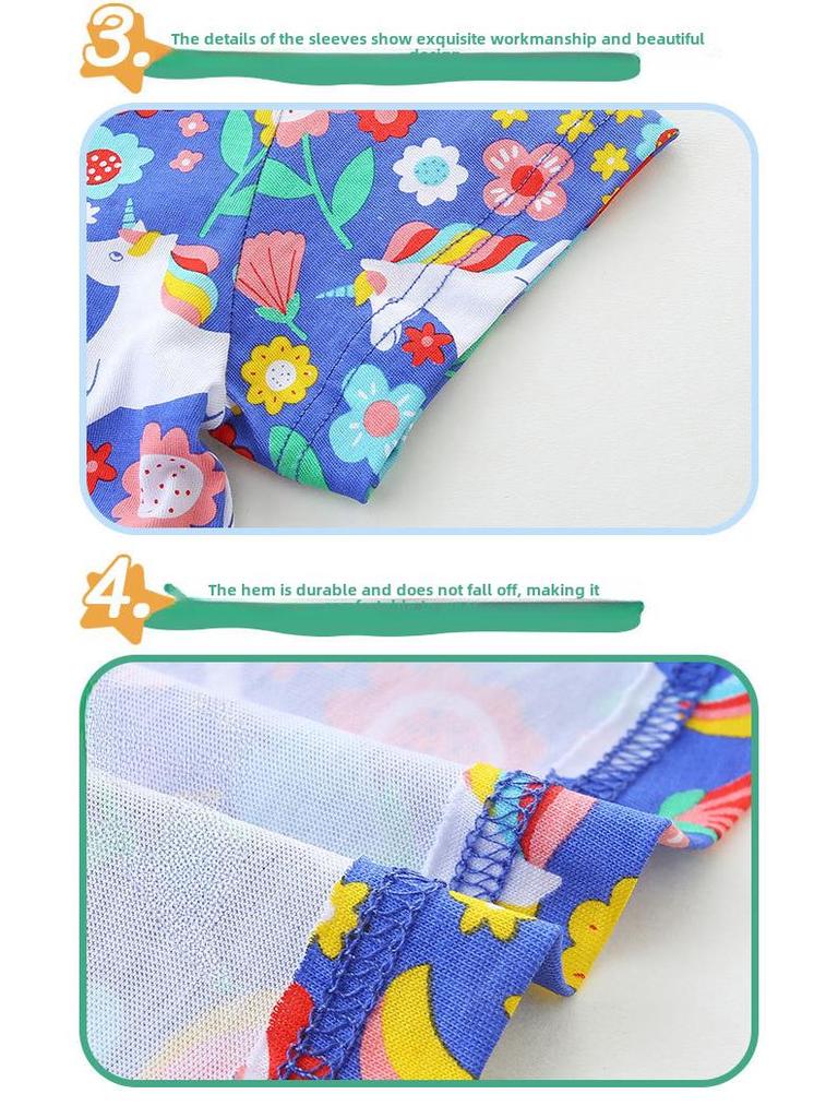 Летнее платье принцессы с мультяшным принтом для девочек - круглый вырез, короткие рукава, трикотаж из хлопка