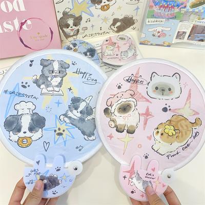 Складной круглый веер для хранения с мультяшным щенком и котом с сумкой Kawaii, поворотный складной ручной веер для девочек, отражатель для селфи, задняя сторона