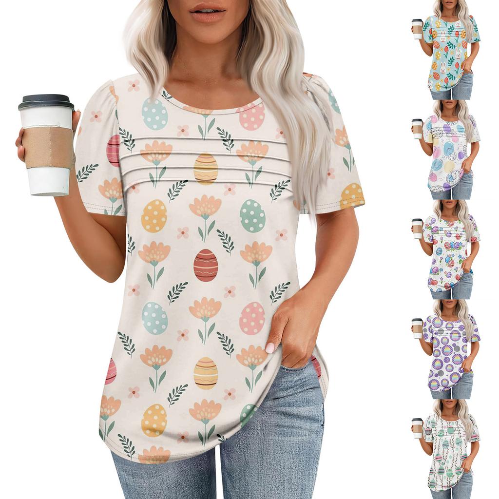 Ladies' Fashionable Printed Round Neck Pleated Short Sleeved Shirt