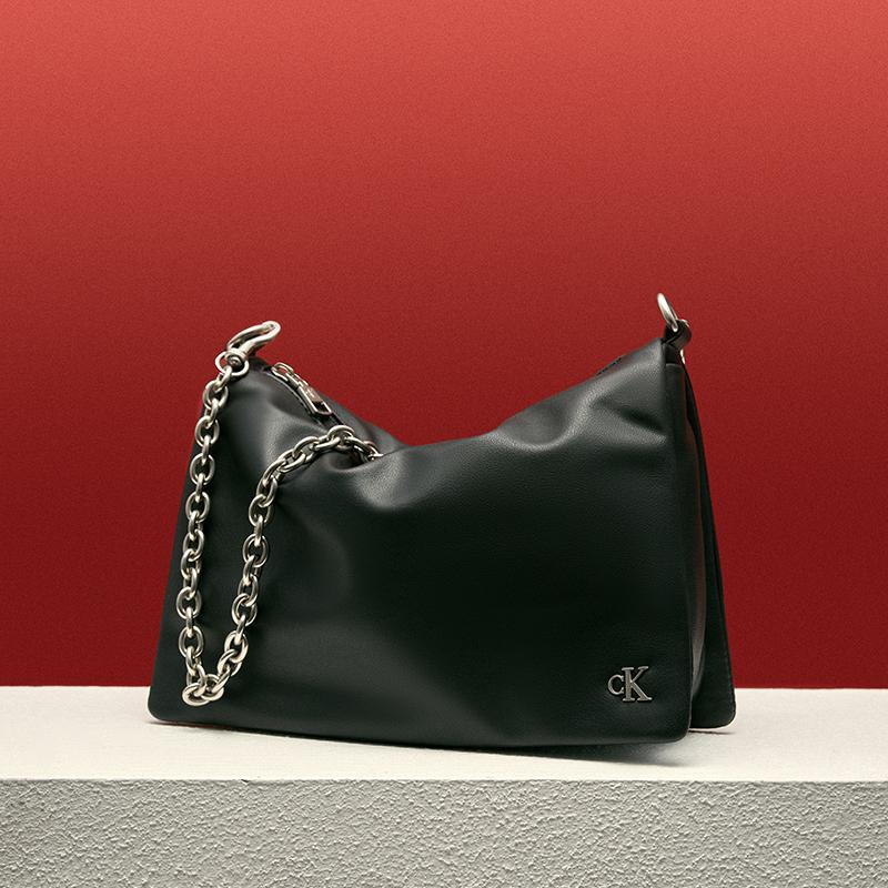 Calvin Klein Elegant Metal Letter Chain Soft Lazy Small Square Pillow Crossbody Bag Women Bags Space-Black DH3570-001