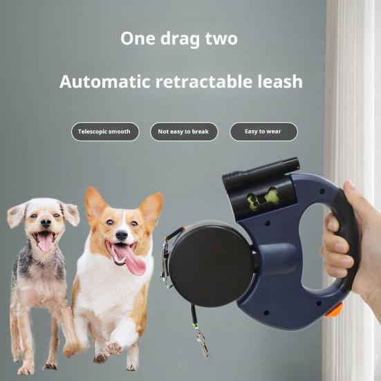 2 шт. двойной выдвижной поводок для собак для маленьких собак, 360-градусный пояс для выгула собак, не спутывающийся, со светодиодной подсветкой и мешками для фекалий для бега, походов, тренировок