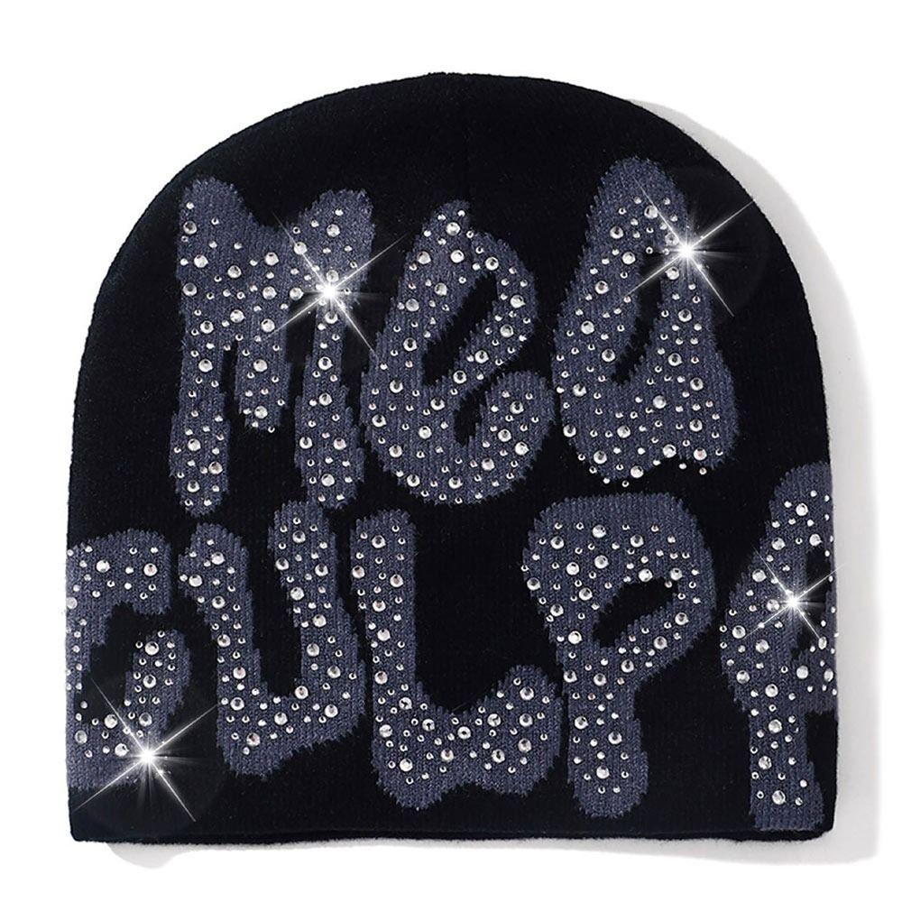 Trendy Stretch MEA Culpa Beanies Hat with Rhinestone Warm Soft y2k Beanies Hats Knitted Hip-hop Hat for Women Men