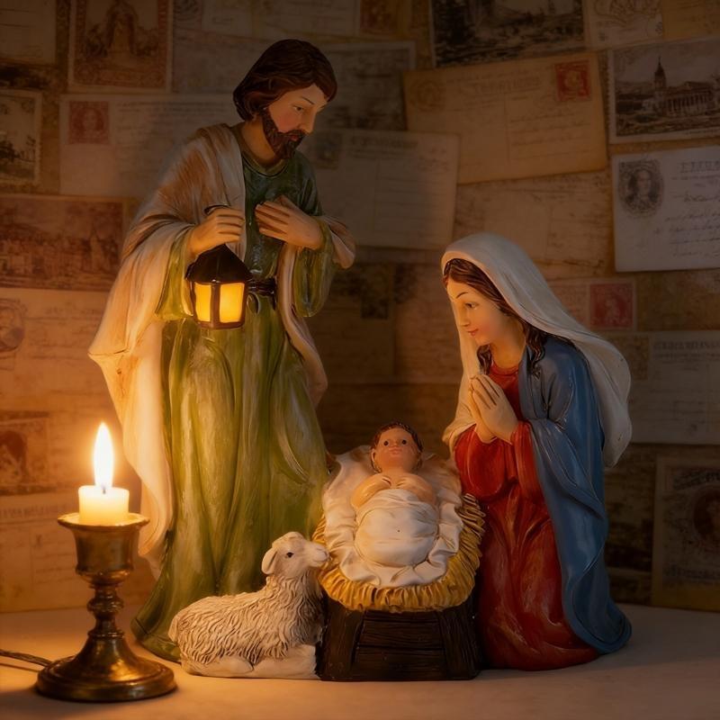 Friendly Resin Nativity Set LED Light Holy Family Three Persons Christmas Decoration for Indoor Festival Ambiances HX6C