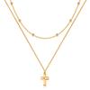 Women Double Cross Necklace 18K Necklace Gold Plated Zircon Necklace Round Bead Necklace