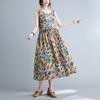 Summer Loose Cotton Linen Printed Round Neck Sleeveless Dress for Women Waist Cinched Mid Length Design Casual Dresses